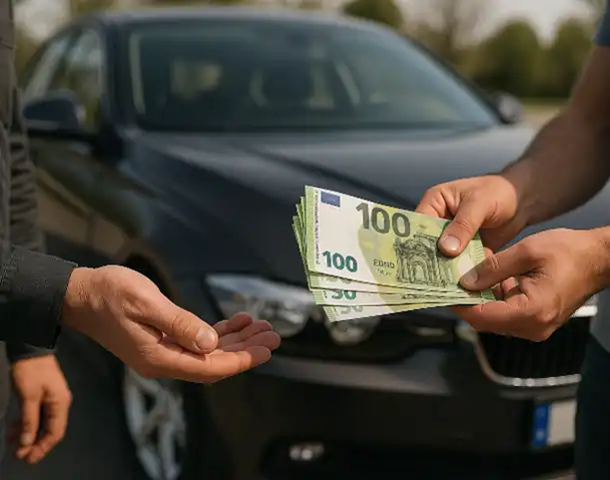 Ein erfolgreicher Barkauf beim Autoankauf in Esslingen, bei dem der Verkäufer den Erlös in Empfang nimmt.